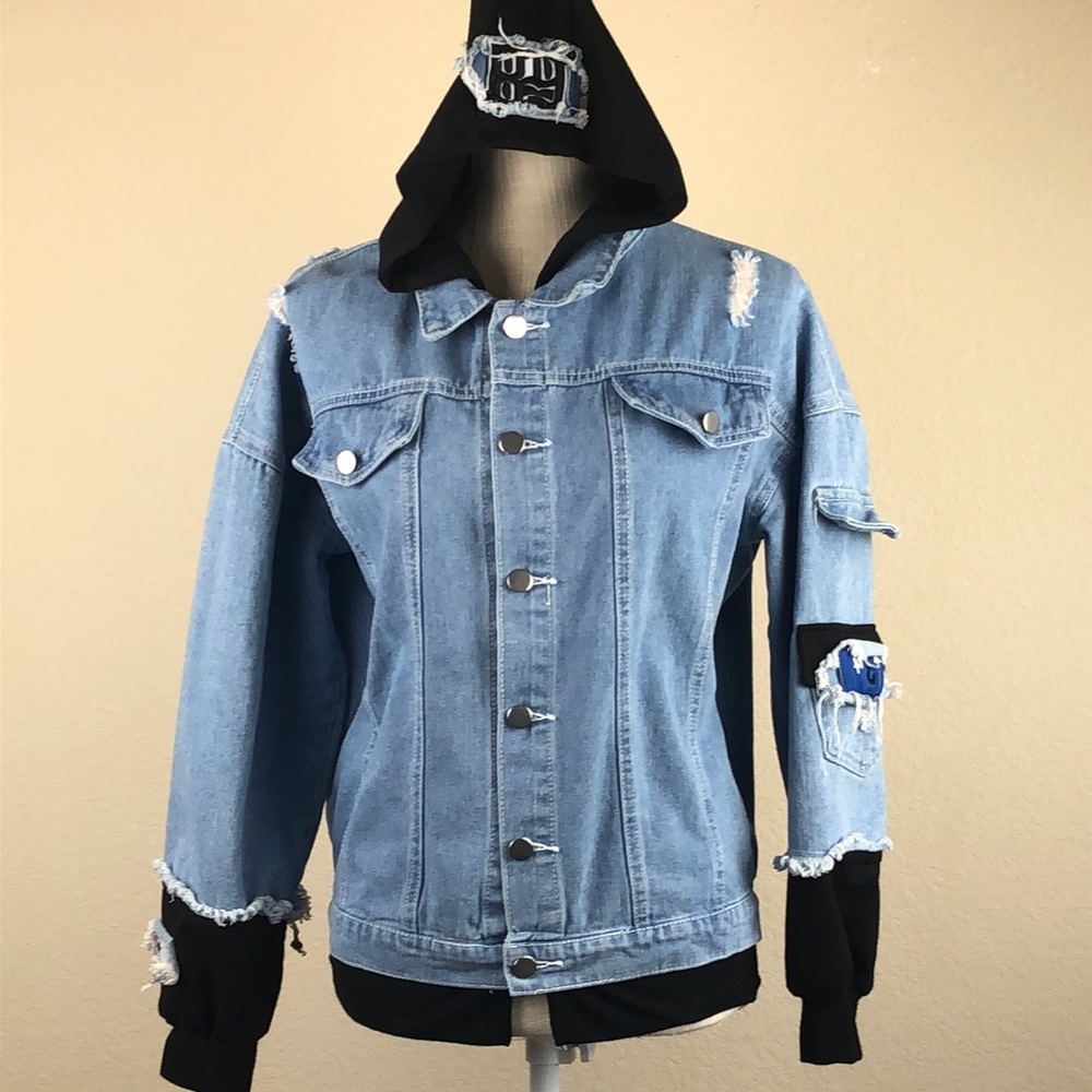 Backwoods, Distressed Denim Hoodie Jacket